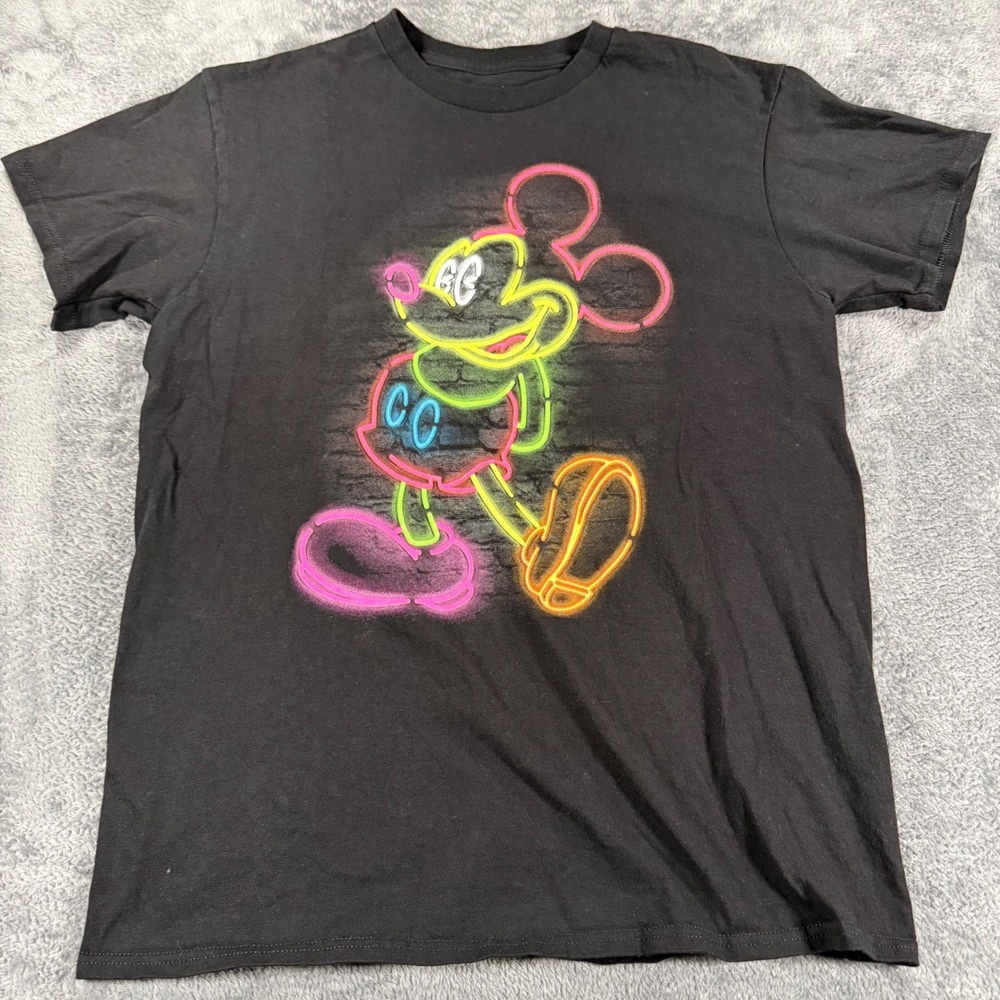 Disney Mickey Mouse Neon Graphic T-Shirt Mens Medium Black Cotton Short Sleeve